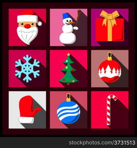 Set of Christmas flat icons with long shadows