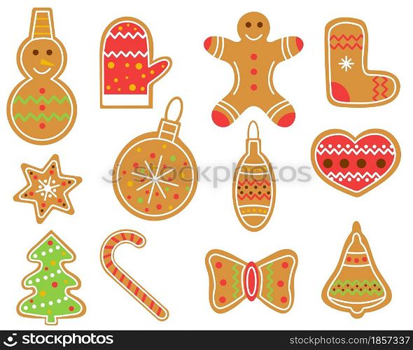Set of Christmas gingerbread cookies vector flat illustration. Collection of traditional baked goods for the new year. Handmade gift. Winter holiday elements.. Set of Christmas gingerbread cookies vector flat illustration.