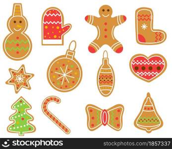 Set of Christmas gingerbread cookies vector flat illustration. Collection of traditional baked goods for the new year. Handmade gift. Winter holiday elements.. Set of Christmas gingerbread cookies vector flat illustration.