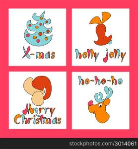 Set of Christmas greeting cards. New Year Xmas. Holiday objects collection. Christmas theme with toy, deer, bell, fir, santa hat. Set of Christmas icons. Can be used as icons, wallpaper, wrapping paper, decoration banner