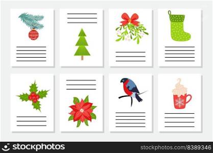 Set of Christmas greeting or invitation. Postcards with New Years symbols, Christmas tree, snowflakes, gifts, candy cane, sleigh and more.. Set of Christmas greeting or invitation. Postcards with New Years symbols, Christmas tree, snowflakes, gifts, candy cane