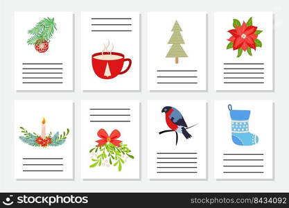 Set of Christmas greeting or invitation. Postcards with New Years symbols, Christmas tree, snowflakes, gifts, candy cane, sleigh and more.. Set of Christmas greeting or invitation. Postcards with New Years symbols, Christmas tree, snowflakes, gifts, candy cane