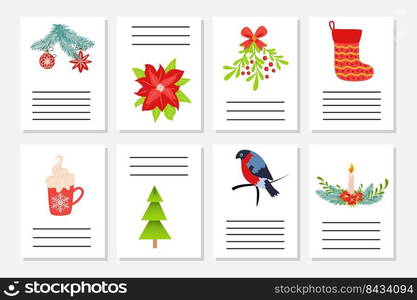 Set of Christmas greeting or invitation. Postcards with New Years symbols, Christmas tree, snowflakes, gifts, candy cane, sleigh and more.. Set of Christmas greeting or invitation. Postcards with New Years symbols, Christmas tree, snowflakes, gifts, candy cane