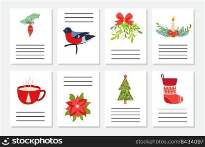 Set of Christmas greeting or invitation. Postcards with New Years symbols, Christmas tree, snowflakes, gifts, candy cane, sleigh and more.. Set of Christmas greeting or invitation. Postcards with New Years symbols, Christmas tree, snowflakes, gifts, candy cane