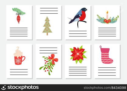 Set of Christmas greeting or invitation. Postcards with New Years symbols, Christmas tree, snowflakes, gifts, candy cane, sleigh and more.. Set of Christmas greeting or invitation. Postcards with New Years symbols, Christmas tree, snowflakes, gifts, candy cane