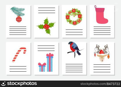 Set of Christmas greeting or invitation. Postcards with New Years symbols, Christmas tree, snowflakes, gifts, candy cane, sleigh and more.. Set of Christmas greeting or invitation. Postcards with New Years symbols, Christmas tree, snowflakes, gifts, candy cane