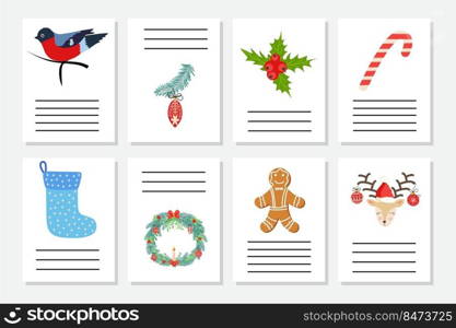 Set of Christmas greeting or invitation. Postcards with New Years symbols, Christmas tree, snowflakes, gifts, candy cane, sleigh and more.. Set of Christmas greeting or invitation. Postcards with New Years symbols, Christmas tree, snowflakes, gifts, candy cane