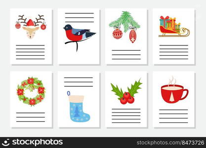 Set of Christmas greeting or invitation. Postcards with New Years symbols, Christmas tree, snowflakes, gifts, candy cane, sleigh and more.. Set of Christmas greeting or invitation. Postcards with New Years symbols, Christmas tree, snowflakes, gifts, candy cane