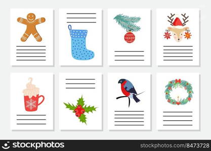 Set of Christmas greeting or invitation. Postcards with New Years symbols, Christmas tree, snowflakes, gifts, candy cane, sleigh and more.. Set of Christmas greeting or invitation. Postcards with New Years symbols, Christmas tree, snowflakes, gifts, candy cane