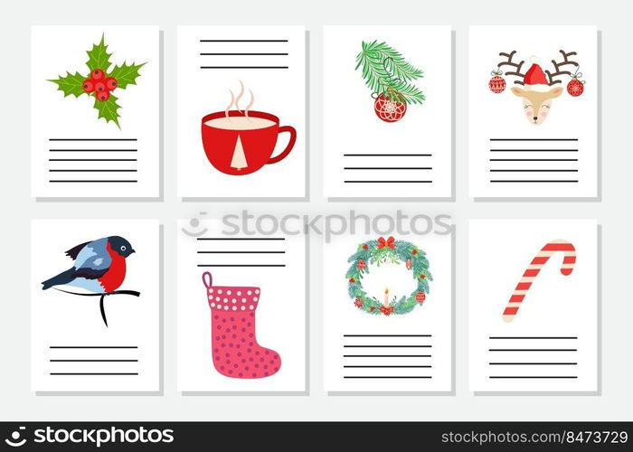 Set of Christmas greeting or invitation. Postcards with New Years symbols, Christmas tree, snowflakes, gifts, candy cane, sleigh and more.. Set of Christmas greeting or invitation. Postcards with New Years symbols, Christmas tree, snowflakes, gifts, candy cane