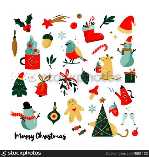 Set of Christmas holiday elements and icons. Winter characters and objects. Snowman, gingerbread man, mouse, robin bird, pine tree, mistletoe. Set of Christmas holiday elements and icons