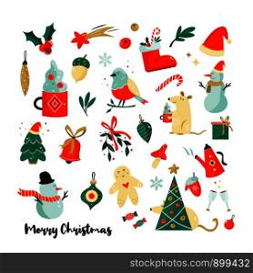 Set of Christmas holiday elements and icons. Winter characters and objects. Snowman, gingerbread man, mouse, robin bird, pine tree, mistletoe. Set of Christmas holiday elements and icons