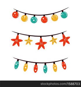 Set of Christmas holiday garlands in a flat style. Light bulbs decorations. Vector illustration.. Set of Christmas holiday garlands in a flat style. Light bulbs decorations