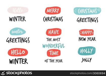 Set of Christmas holiday greeting text with doodle ornaments. Design for festive banner, poster, cards. Set of Christmas holiday greeting text with doodle ornaments.