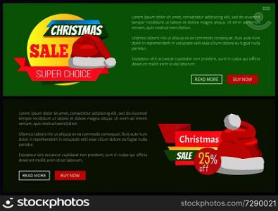 Set of Christmas holiday sale advertisement posters with Santa Claus hats and lettering template for e-shops on green background, vector illustration. Set of Christmas Ads Posters Vector Illustration