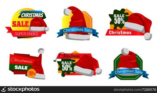 Set of Christmas holiday sale badges or stickers with Santa Claus hat and lettering on colourful tags, isolated on white, vector illustration.. Christmas Holiday Sale Badges Vector Illustration