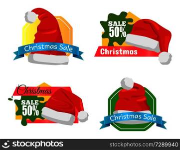 Set of Christmas holiday sale badges or stickers with Santa Claus hat and lettering on colourful tags, isolated on white, vector illustration.. Christmas Holiday Sale Badges Vector Illustration