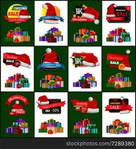 Set of Christmas holiday super choice sale cards with discounts and hot prices with Santa Claus Saint Nicolas hats and presents, vector illustration. Big Set of Christmas Discounts Vector Illustration