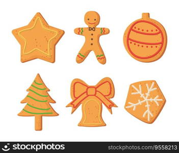 Set of christmas homemade gingerbread decorated icing in realistic cartoon style