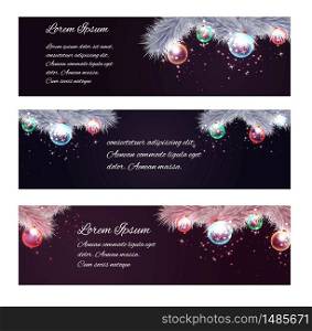 Set of Christmas horizontal banners with fir-tree branches, garlands and place for text. Vector element for your design. Set of Christmas horizontal banners with fir-tree branches, garlands and place for text.
