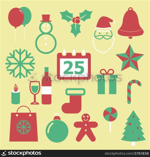 Set of Christmas icons on yellow background, stock vector