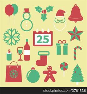 Set of Christmas icons on yellow background, stock vector