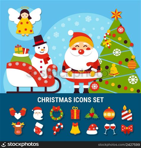 Set of christmas icons with year tree, snowman on sleigh, angel, santa, holiday decorations isolated vector illustration . Christmas Icons Set