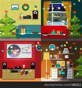 Set of christmas room interiors. Christmas tree, gift and decoration. Home desk with a chair and a computer. Sofa and a home theater. Flat cartoon vector illustration