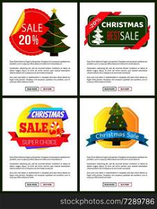 Set of Christmas sale advertisement cards with lolipop and New Year tree on circle or octagon background with text on the right, vector illustration. Set of Christmas Sale Cards Vector Illustration