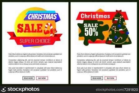 Set of Christmas sale advertisement cards with lolipop and New Year tree on circle or octagon background with text on the right, vector illustration. Set of Christmas Sale Cards Vector Illustration