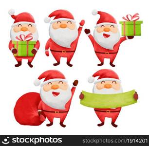 Set of christmas santa claus illustrations isolated on white. Watercolor santa claus christmas and new year character.