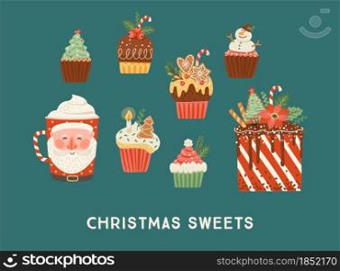 Set of Christmas sweets and drink. Cute vector illustrations.. Set of Christmas sweets and drink. Vector illustration.