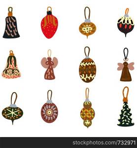 Set of Christmas tree decor balls color illustration. Hand drawn clipart. Flat style illustration. Greeting card, poster, design element. . Set of Christmas tree decor balls