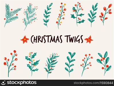 Set of Christmas twigs, branches, plants. Vector illustration isolated on a white background. Set of Christmas twigs, branches, plants.