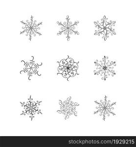 Set of Christmas vector calligraphic snowflakes. Hand drawn icon in trendy flat style isolated on white background. Xmas snow winter illustration.. Set of Christmas vector calligraphic snowflakes. Hand drawn icon in trendy flat style isolated on white background. Xmas snow winter illustration