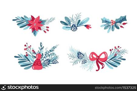 Set of Christmas vector floral bouquets with berries and fir branches and flowers. Isolated xmas illustration for winter greeting card design, divider.. Set of Christmas vector floral bouquets with berries and fir branches and flowers. Isolated xmas illustration for winter greeting card design, divider