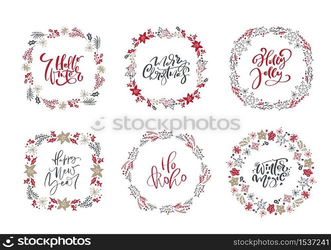 Set of Christmas vector scandinavian wreaths and calligraphic holiday vintage texts. Winter Wreath with xmas phrase. Greeting card template with vintage style elements.. Set of Christmas vector scandinavian wreaths and calligraphic holiday vintage texts. Winter Wreath with xmas phrase. Greeting card template with vintage style elements