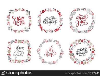 Set of Christmas vector scandinavian wreaths and calligraphic holiday vintage texts. Winter Wreath with xmas phrase. Greeting card template with vintage style elements.. Set of Christmas vector scandinavian wreaths and calligraphic holiday vintage texts. Winter Wreath with xmas phrase. Greeting card template with vintage style elements