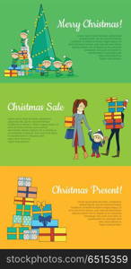 Set of Christmas web banners. Flat design. Merry Christmas, Christmas sale, Christmas present concepts with fairy elfs, shopping family, pile of gift boxes. For store seasonal sales and discounts page. Set of Christmas Flat Design Vector Web Banners. Set of Christmas Flat Design Vector Web Banners