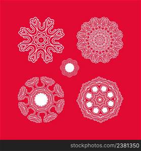 Set of Christmas white winter decorative snowflakes. Set of white snowflake on a red background. Set of Christmas white snowflakes