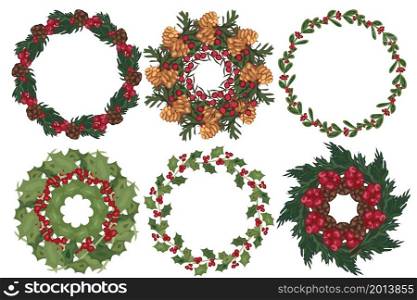 Set of christmas wreath with winter floral elements. Vector illustration.