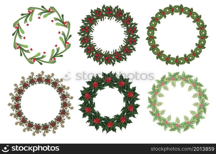 Set of christmas wreath with winter floral elements. Vector illustration.