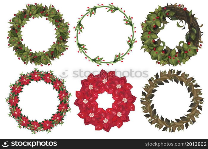 Set of christmas wreath with winter floral elements. Vector illustration.