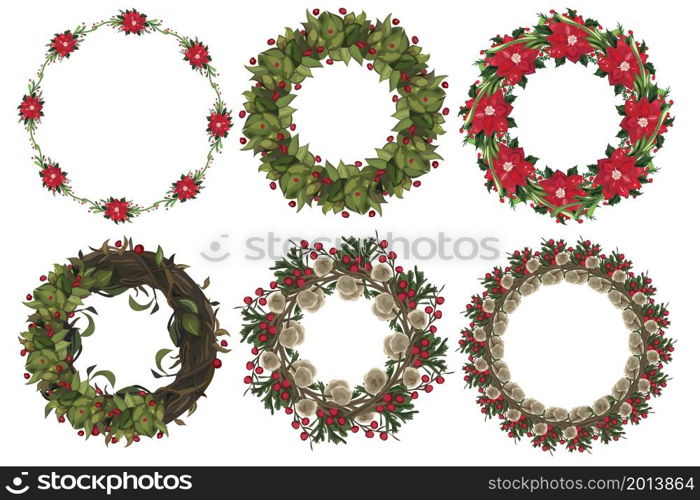 Set of christmas wreath with winter floral elements. Vector illustration.