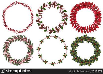 Set of christmas wreath with winter floral elements. Vector illustration.