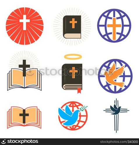 Set of church emblems templates. Cross and dove, Holy Bible. Design elements in vector.