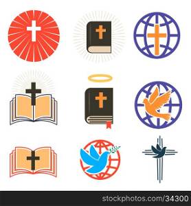 Set of church emblems templates. Cross and dove, Holy Bible. Design elements in vector.