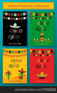 Set of cinco de mayo event promo template. Festive vector illustration collection with sombrero and bunting, tequila bottle, cocktails and mariachi band for national mexican holiday on cinco de mayo.. Set of cinco de mayo festive party poster template