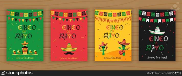 Set of cinco de mayo event promo template. Festive vector illustration collection with sombrero and bunting, tequila bottle, cocktails and mariachi band for national mexican holiday on cinco de mayo.. Set of cinco de mayo festive party poster template