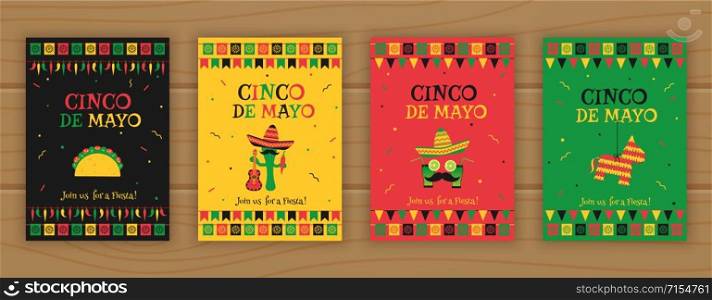 Set of cinco de mayo party poster template. Festive vector illustration with native pinata, taco and mariachi, cocktail face and garland flags for traditional Mexican celebration on cinco de mayo.. Set of cinco de mayo festive party poster template